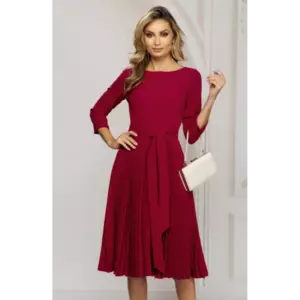 Rochie de zi rosie midi cu fusta plisata si cordon in talie imagine