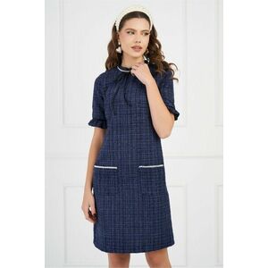 Rochie DY Fashion bleumarin din tweed cu perle la decolteu si buzunare imagine