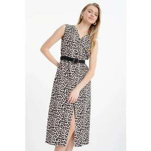 Rochie din amestec de in cu animal print si buzunare laterale imagine