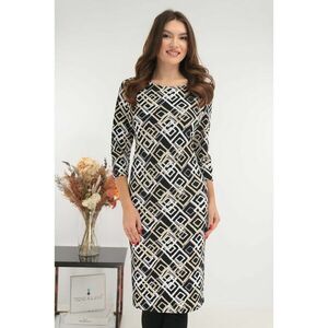 Rochie dreapta neagra cu print geometric bej-alb imagine