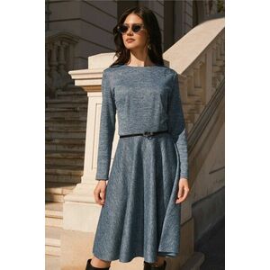 Rochie DY Fashion office din tricot bleu cu croi clos si curea in talie imagine