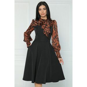 Rochie MBG office din stofa neagra cu voal la bust si animal print caramiziu imagine