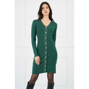 Rochie casual din tricot reiat verde cu insertii din fir lurex si nasturi imagine