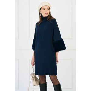 Rochie casual scurta din tricot bleumarin cu blanita la maneci imagine