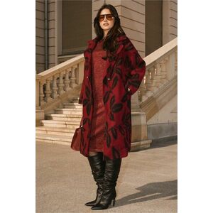 Palton din fleece burgundy cu imprimeuri negre imagine