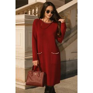 Rochie din tricot burgundy cu perle la decolteu si buzunare imagine