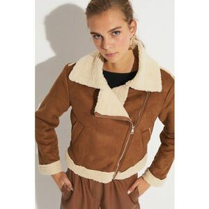 Jacheta biker din piele intoarsa sintetica cu captuseala din blana shearling imagine