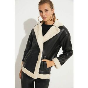 Palton din piele ecologica cu garnituri din blana shearling sintetica imagine