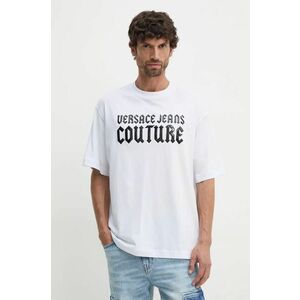 Versace Jeans Couture tricou din bumbac barbati, culoarea alb, cu imprimeu, 77GAHL02 CJ01L imagine