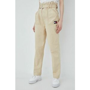 Tommy Jeans pantaloni de bumbac femei, culoarea bej, drept, high waist imagine