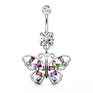 Piercing pentru buric din oțel 316L, placat cu rodiu – fluture, zirconiu transparent, zirconii colorate imagine