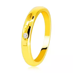 Inel din aur galben 585 - inscripție "LOVE" cu zircon 1, 6 mm, suprafață netedă - Marime inel: 49 imagine