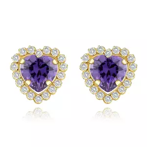 Cercei din aur galben de 9K - inimă cu zircon violet, margine cu zircon transparent imagine