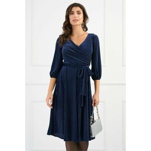 Rochie Ella Collection Zora eleganta din catifea bleumarin cu model zig-zag si cordon in talie imagine