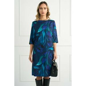 Rochie office din voal satinat bleumarin cu imprimeu verde imagine