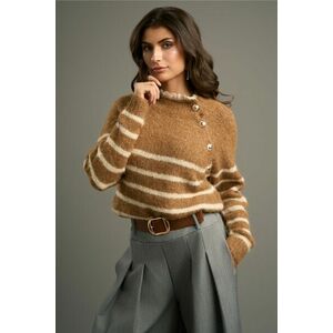 Bluza casual din tricot maro camel cu dungi si guler din dantela imagine