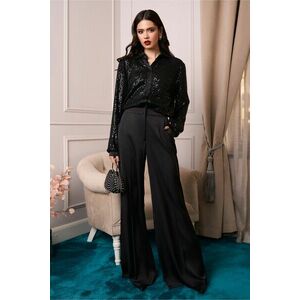 Pantaloni DY Fashion eleganti din satin negri cu croi evazat imagine