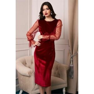 Rochie DY Fashion eleganta din catifea bordo cu maneci din tull cu buline imagine