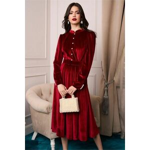 Rochie DY Fashion eleganta din catifea bordo cu nasturi si curea in talie imagine