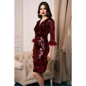 Rochie Elle Collection Eliza eleganta bordo din catifea cu paiete si pene la maneci imagine