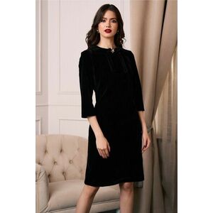 Rochie DY Fashion eleganta din catifea neagra cu funda si brosa la decolteu imagine