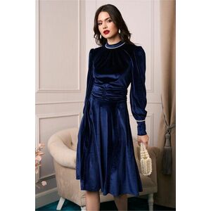 Rochie DY Fashion eleganta din catifea bleumarin cu perle la guler si mansete imagine