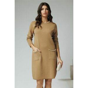 Rochie din tricot maro camel cu perle la decolteu si buzunare imagine