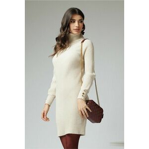 Rochie casual din tricot reiat ivory cu guler intors imagine