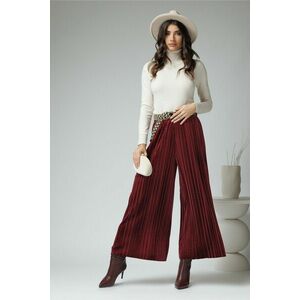 Pantaloni eleganti din catifea bordo cu pliuri si curea in talie imagine