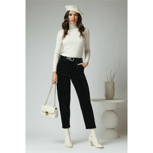 Pantaloni casual din catifea neagra cu buzunare si curea in talie imagine