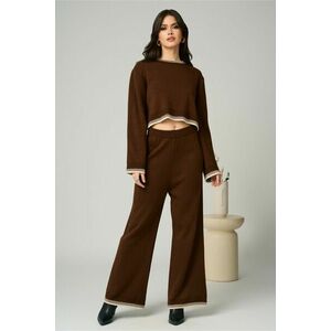 Compleu casual din tricot maro cu bluza si pantaloni evazati imagine