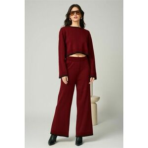 Compleu casual din tricot burgundy cu bluza si pantaloni evazati imagine