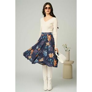 Fusta DY Fashion midi office din jerse bleumarin cu imprimeu floral imagine