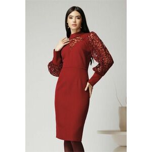 Rochie Ella Collection Kira eleganta din stofa burgundy cu detalii catifelate pe maneci imagine