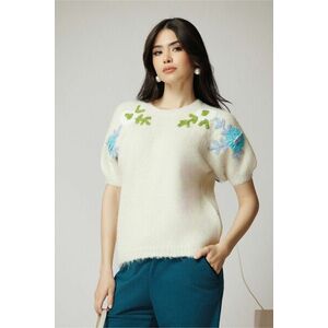 Bluza casual din tricot ivory cu maneci scurte si broderie florala imagine