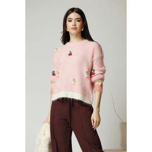 Bluza casual din tricot roz cu cirese crosetate imagine