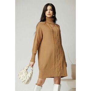 Rochie casual din tricot maro camel cu guler inalt si model impletit imagine