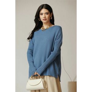 Bluza casual din tricot bleu cu maneci reiate imagine