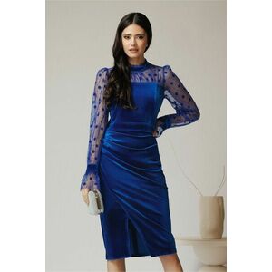 Rochie Ella Collection Adena eleganta din catifea albastra cu tull si buline pe maneci imagine