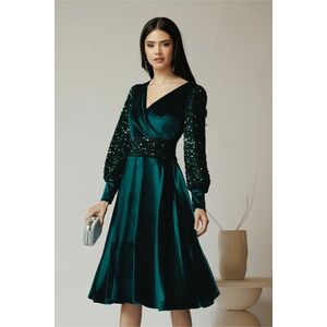 Rochie Ella Collection Elif eleganta din catifea verde cu paiete pe maneci si talie imagine