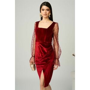 Rochie MBG eleganta din catifea bordo cu maneci din tull cu buline imagine