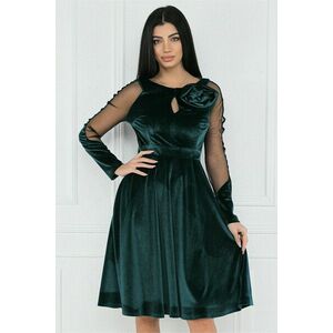 Rochie MBG eleganta din catifea verde cu maneci din tull si floare pe bust imagine