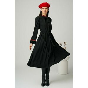 Rochie DY Fashion office din stofa neagra cu benzi decorative si snur in talie imagine