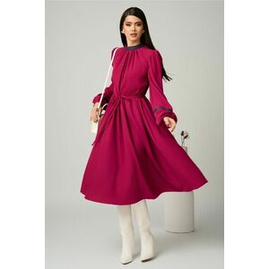 Rochie DY Fashion office din stofa fucsia cu benzi decorative si snur in talie imagine