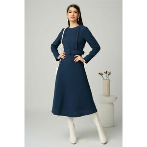 Rochie DY Fashion office din tweed bleumarin cu nasturi pe bust si curea in talie imagine