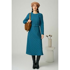 Rochie DY Fashion office din tweed turcoaz cu nasturi pe bust si curea in talie imagine