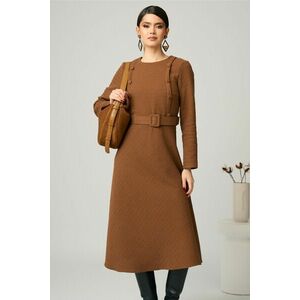 Rochie DY Fashion office din tweed maro cu nasturi pe bust si curea in talie imagine