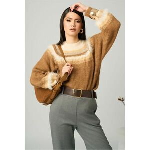 Bluza casual din tricot maro camel cu imprimeuri bej imagine