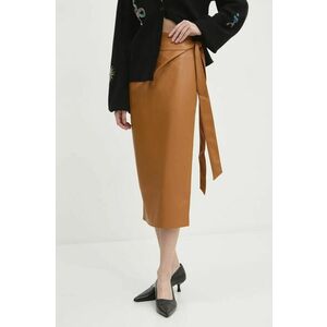 Never Fully Dressed fustă Vegan Leather Jaspre Skirt culoarea maro, midi, creion, NFDSK473 imagine