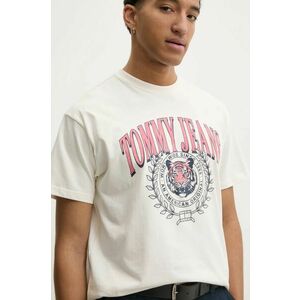 Tommy Jeans tricou din bumbac barbati, culoarea bej, cu imprimeu, DM0DM21191 imagine